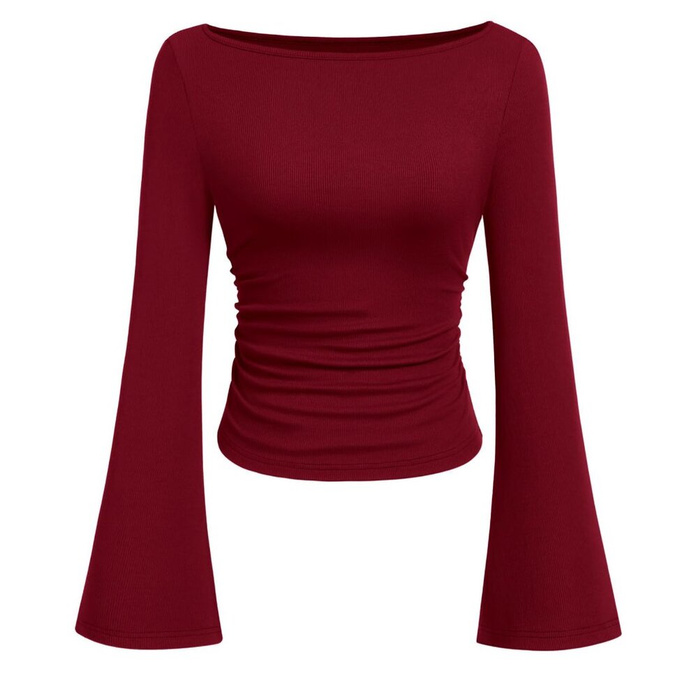 Y2K Ribbed Boat Neck Bell Sleeve Top Burgundy Fitted Knit Trendy Shirt